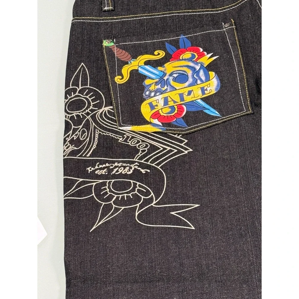 VTG Y2k Raw Blue Jeans Men 42x34 Black Denim Embroidered Embellish Skull Baggy‎